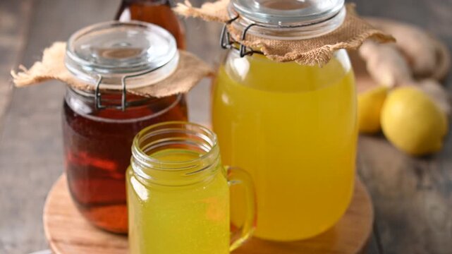 Colorful Kombucha Jars and Bottles on wooden table