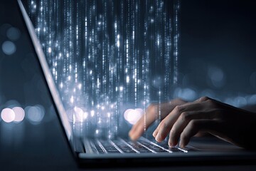 Hands typing on a laptop with digital data