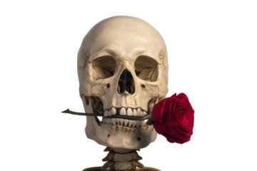 Human skull with a red rose in its teeth, isolated on transparent background