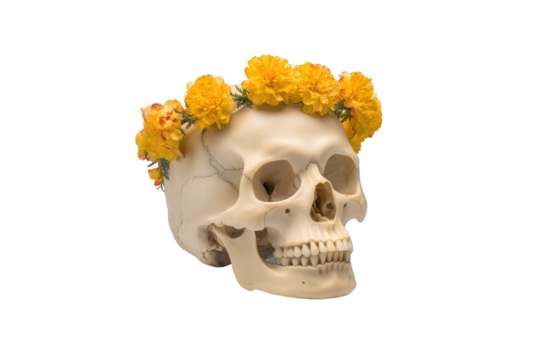 Human skull adorned with a crown of yellow marigold flowers, isolated on transparent background