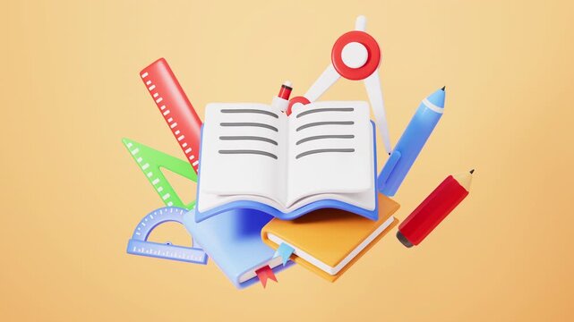 Cartoon books , pencil, rulers and so on stationery, 3d rendering.