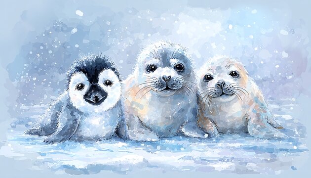 AKWARELOWE MALOWIDŁO PRZEDSTAWIAJĄCE PINGWINA I DWA MŁODE FOKI