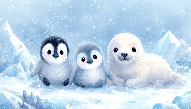 AKWARELOWE MALOWIDŁO PRZEDSTAWIAJĄCE PINGWINA, FOKĘ I NIEDŹWIADKA POLARNEGO