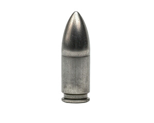 Single silver-colored bullet isolated against a black background, metallic sheen