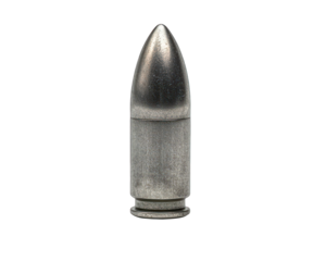 Single silver-colored bullet isolated against a black background, metallic sheen