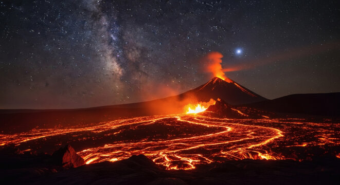 Nighttime volcanic eruption with lava flows under the starry sky