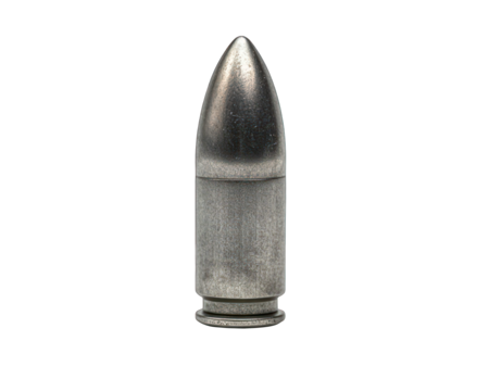 Single silver-colored bullet isolated against a black background, metallic sheen