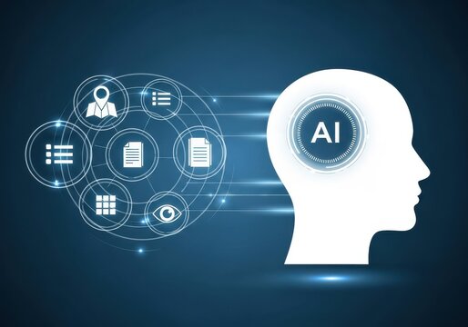 Artificial Intelligence Concept with Head Silhouette and Data Icons on Blue