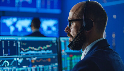 Man trading stock market data analysis wearing headset in office financial business concept high quality professional