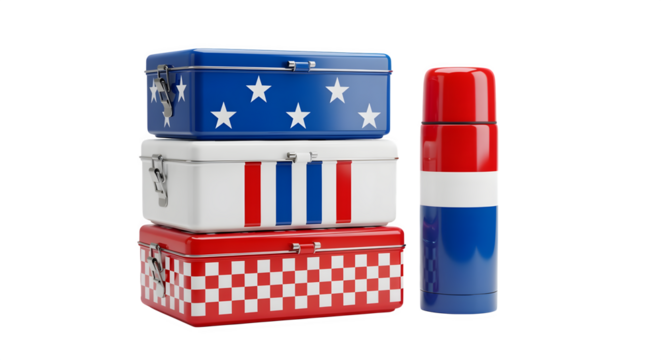 Retro Lunchbox and Thermos with Patriotic Design Isolated on White Background