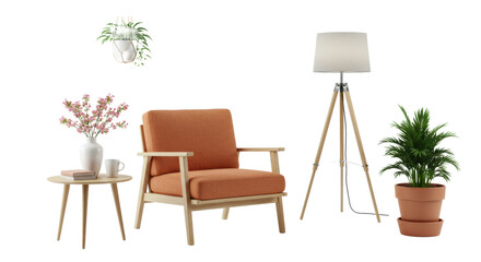 A comfortable terracotta armchair, wooden side table with pink flowers, coffee mugs, and lush plants on a transparent studio background, tranquil contemporary living concept.