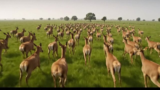 Dynamic aerial view of a large majestic herd of deer running swiftly across a vast vibrant green field with trees showcasing wildlife in motion