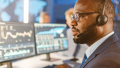 African american man in headset analyzing stock market data financial analyst at work serious professional