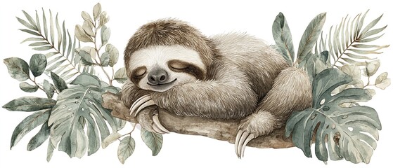 Obraz premium AKWARELOWE PRZEDSTAWIENIE ŚPIĄCEGO LENIWCA NA GAŁĘZI