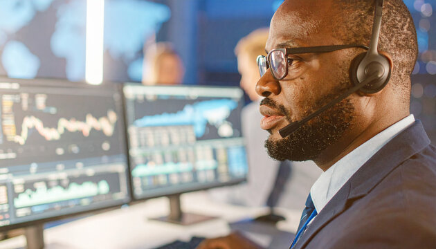 African american man in headset analyzing stock market data financial analyst at work serious professional - Powered by Adobe