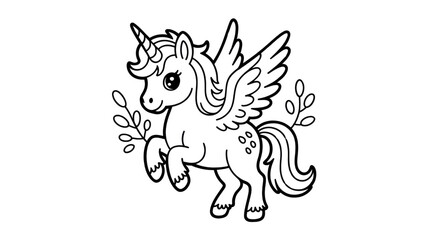 Sparkling Black Unicorn with Wings and Floral Accents - Whimsical Line Art Illustration