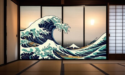 Large-scale, artistic, iconic wave print,  Japanese style room divider