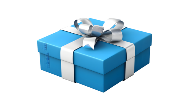A light blue gift box with a white ribbon and bow on a black background in a studio shot