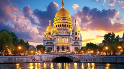 Fototapeta premium Parisian Basilica at Sunset Golden Hour Illumination and Reflections