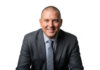 Professional headshot of smiling businessman in suit and tie, corporate portrait, executive image, png for editing isolated on transparent background