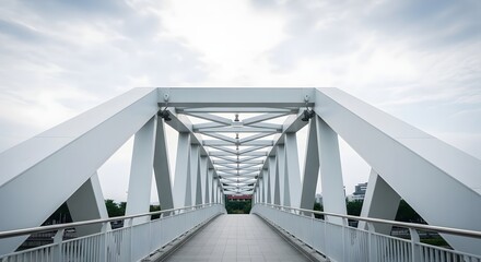 A symmetrical white bridge structure with a walkway under a cloudy sky perspective view point of view