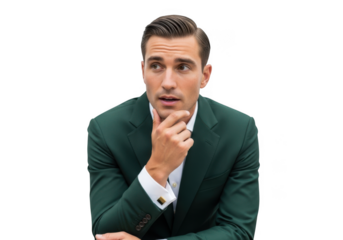 Pensive businessman in green suit thinking portrait png, man in suit looking away, business professional image, business man, isolated on transparent background