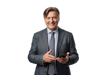 Smiling senior businessman in suit holding smartphone, mature executive using mobile phone, isolated on transparent background