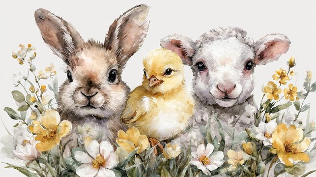 Fototapeta AKWARELOWA ILUSTRACJA: KRÓLICZEK, JAGNIĘ I KURCZĄTKO WŚRÓD KWIATÓW