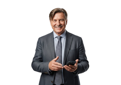 Smiling senior businessman in suit holding smartphone, mature executive using mobile phone, isolated on transparent background