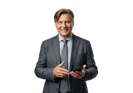 Smiling senior businessman in suit holding smartphone, mature executive using mobile phone, isolated on transparent background