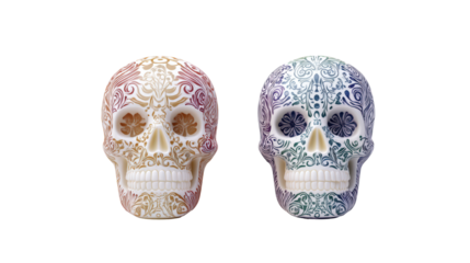 Two ornate sugar skulls isolated on transparent background