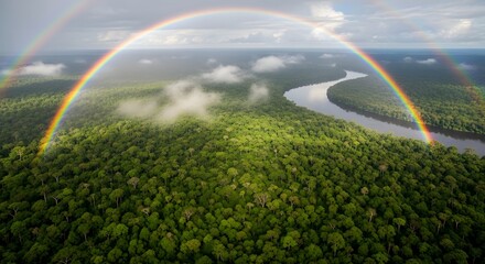 Fototapeta premium Photo of a vibrant double rainbow arches over the lush amazon rainforest with a winding river below