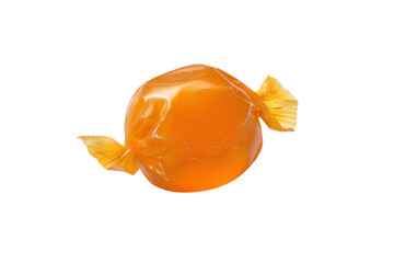 Orange caramel candy wrapped in plastic isolated on transparent background