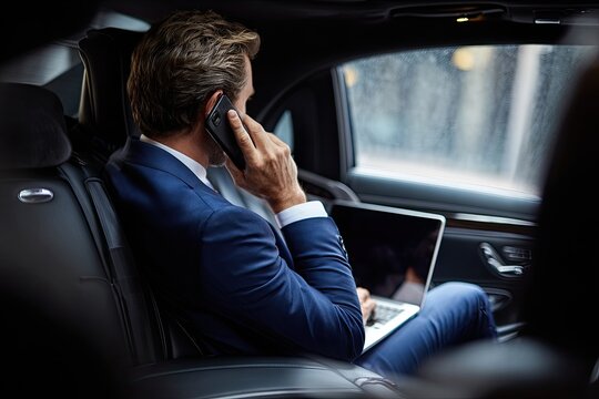 Businessman in car, working