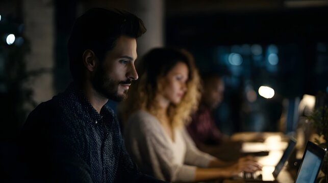 Diverse startup team collaborating in tech office workspace
