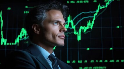Confident Businessman Analyzing Stock Market Trends with Financial Graphs in Background 4k video footage - Powered by Adobe