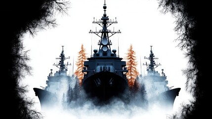 Pixel Art Featuring a Trio of Gray Military Ships with Orange Trees in a Digital Style