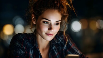 Fototapeta premium Young woman with curly hair checking mobile app in cozy city night lighting