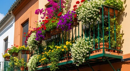 Photo of a charming balcony overflowing with a vibrant display of colorful blooming flowers and lush greenery