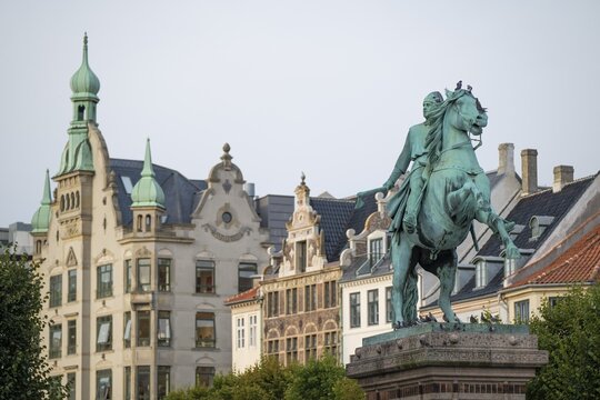 Monument, bronze sculpture, equestrian statue of Absalon of Lund, Bishop of Roskilde, by Vilhelm Bissen, H&oslash;jbro Plads, Copenhagen, Denmark