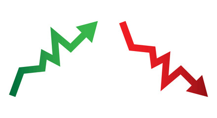 Graph going Up and Down sign with green and red arrows vector. Flat design vector illustration concept of sales bar chart symbol icon with arrow moving down and sales bar chart with arrow moving up.