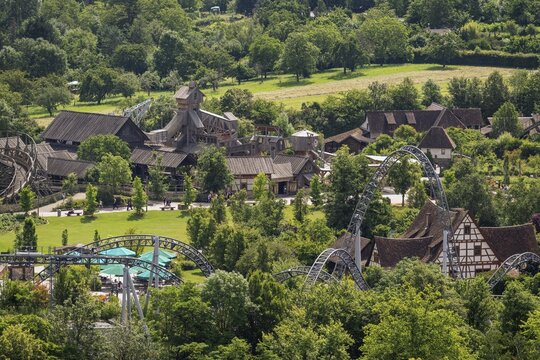 Roller coaster, half-timbered houses, Tripsdrill amusement park, Cleebronn, Baden-W&uuml;rttemberg, Germany