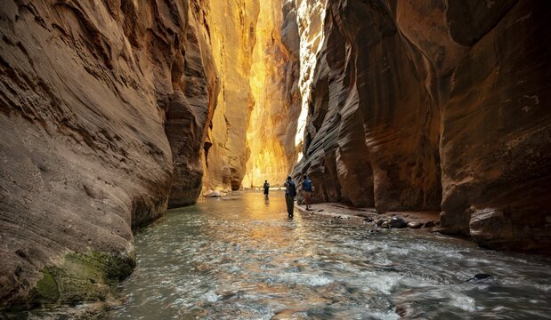 Hikers in the river, The Narrows, Virgin River bottleneck, Zion Canyon cliffs, Zion National Park, Utah, USA