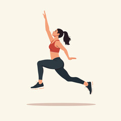Athletic woman in mid-air jumping lunge with raised arm on clean background  