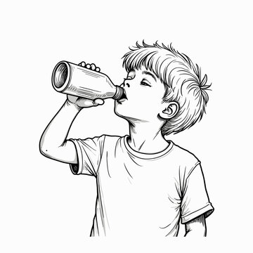 Young boy drinking from bottle while relaxed in simple sketch style  