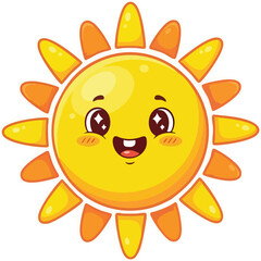 Cute cartoon sun with big eyes and a happy expression.