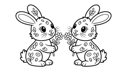 Two Adorable Cartoon Rabbits with Flowers - Mirrored Design