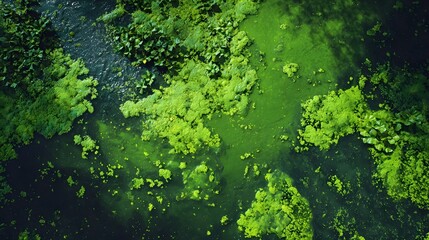 Aerial view of vibrant green algae bloom covering dark water surface with aquatic plants nature