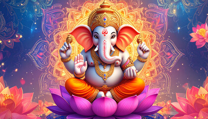 Ultra detailed 8K illustration of colorful Hindu Lord Ganesha sitting on lotus flower, mandala background, golden ornaments, glowing aura, vibrant modern 3D art for luxury wallpaper and poster