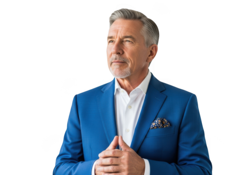Stock photo of a mature businessman in blue suit looking upwards with hands clasped, portrait photography style isolated on transparent background - Powered by Adobe